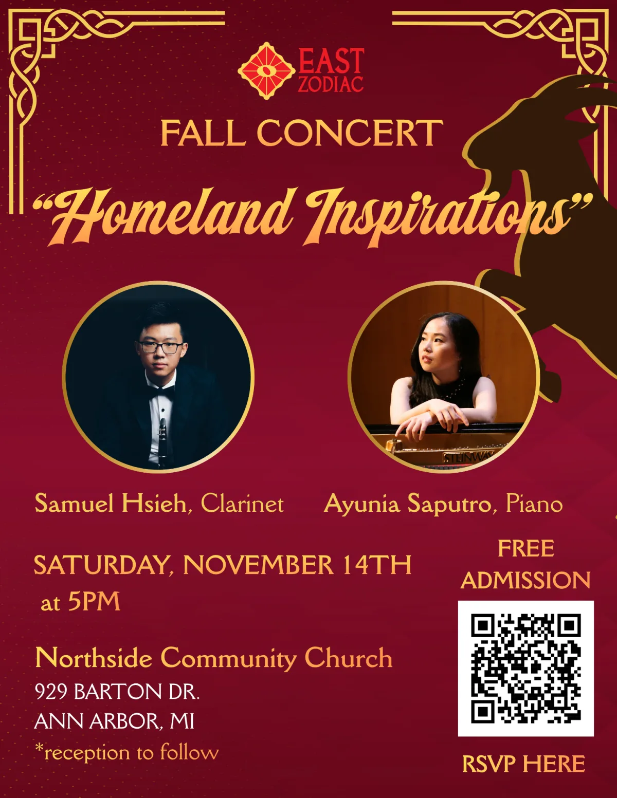 East Zodiac Fall Concert “Homeland Inspirations” — Samuel Hsieh, clarinet, and Ayunia Saputro, piano. Saturday, November 14 at 5PM, Northside Community Church, Ann Arbor. Free admission.